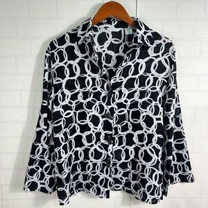Laura Ashley Womens Linen Button Up Blouse Size Small Black White Geometric patt